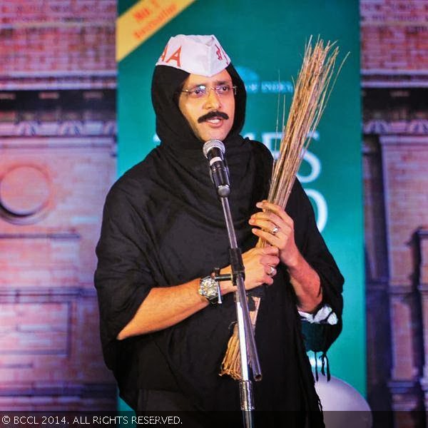 The emcee for the evening, standup comedian Ash Chandler doing a Kejriwal act at the book launch party of Times Food and Nightlife Guide, Delhi, 2014, held at hotel ITC Maurya, New Delhi, on January 27, 2014.