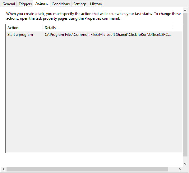 L'onglet Actions d'une tâche dans le planificateur de tâches