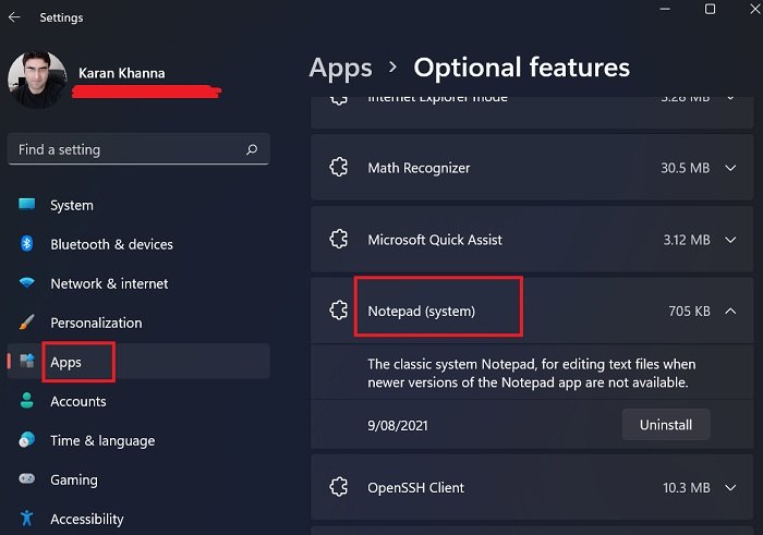 Cách gỡ cài đặt Notepad trong Windows 11 thông qua các tính năng tùy chọn
