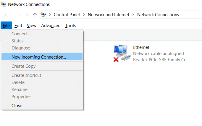 Alt 키를 누르고 파일을 클릭한 다음 새 수신 연결을 선택합니다.