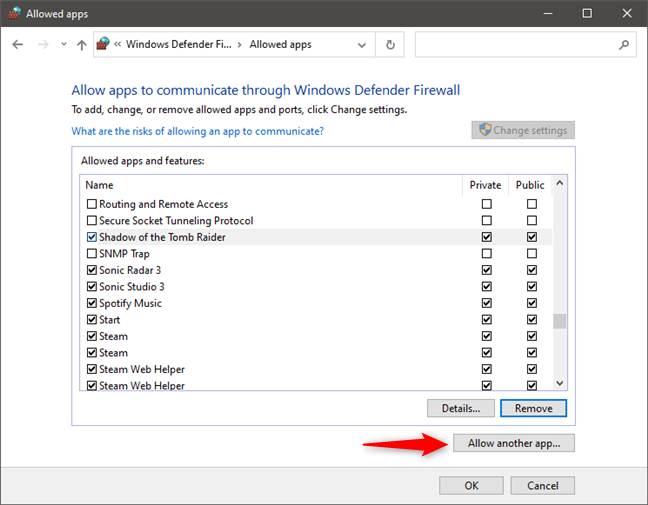 การเลือกอนุญาตให้แอปอื่นผ่าน Windows Firewall