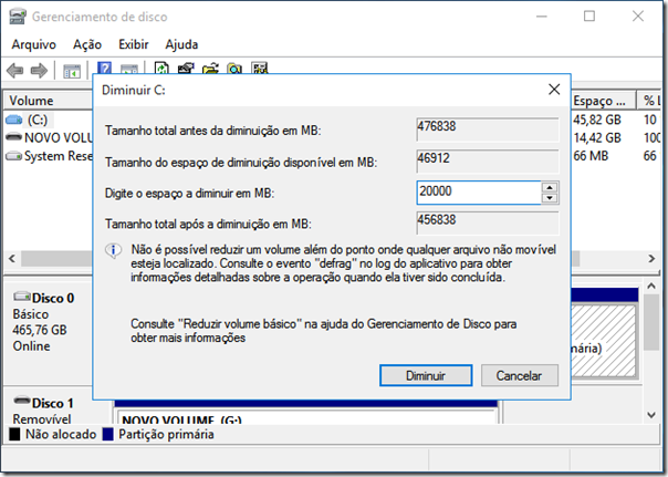 Digite um espaço a diminuir em MB (megabytes) e clique em Diminuir