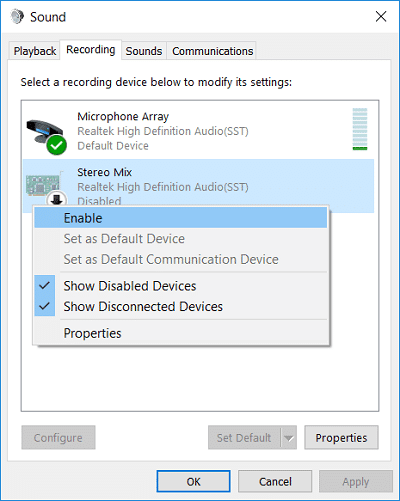 Fare clic con il pulsante destro del mouse sul microfono e selezionare Abilita