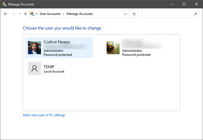 Elenco degli account utente in Windows 10