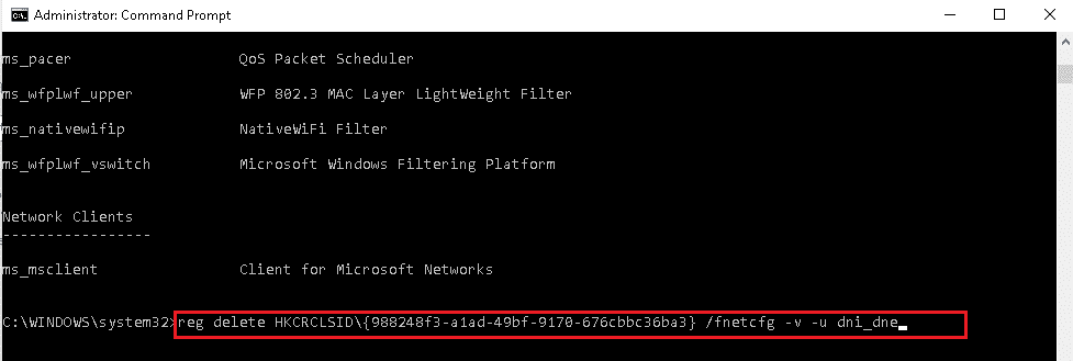 Pokud je zmíněno DNI DNE, zadejte následující příkaz a stiskněte Enter.  Jak opravit nefunkční adaptér Wi-Fi Windows 10