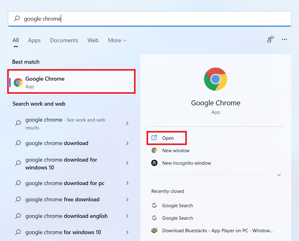 Escriba Google Chrome en la barra de búsqueda de Windows y haga clic en Abrir |  cómo descargar Google Maps para Windows 10/11