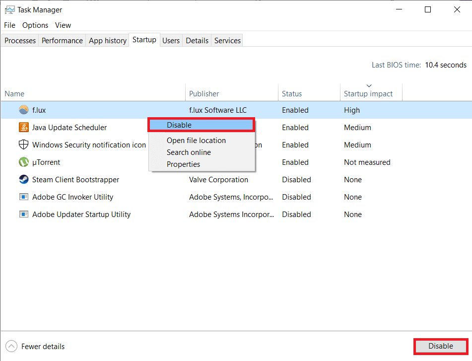 Haga clic derecho en una aplicación y seleccione Desactivar |  Cómo liberar RAM en su PC con Windows 10