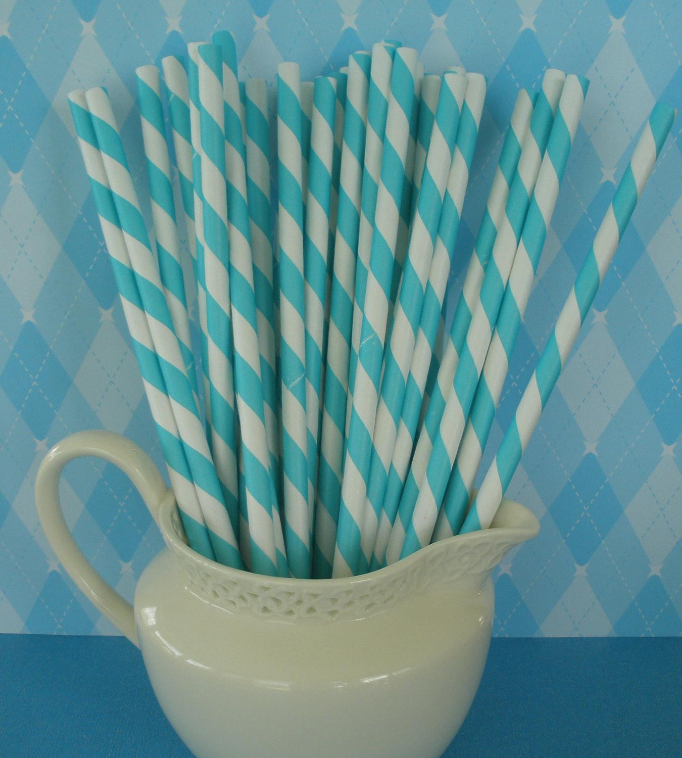 50 Aqua Striped Paper Straws w  FREE DIY Printable Tags, Retro,