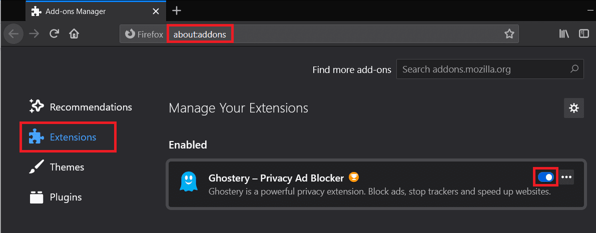 Open de pagina Add-ons en schakel adblockers uit