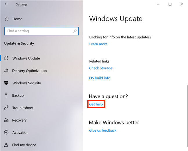 Le lien Obtenir de l'aide en bas des paramètres de Windows Update