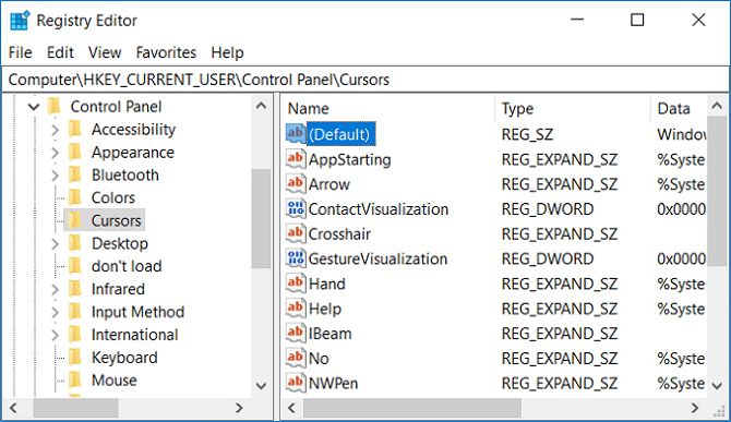 เลือก Cursors จากนั้นในบานหน้าต่างด้านขวาดับเบิลคลิกที่ (Default) string