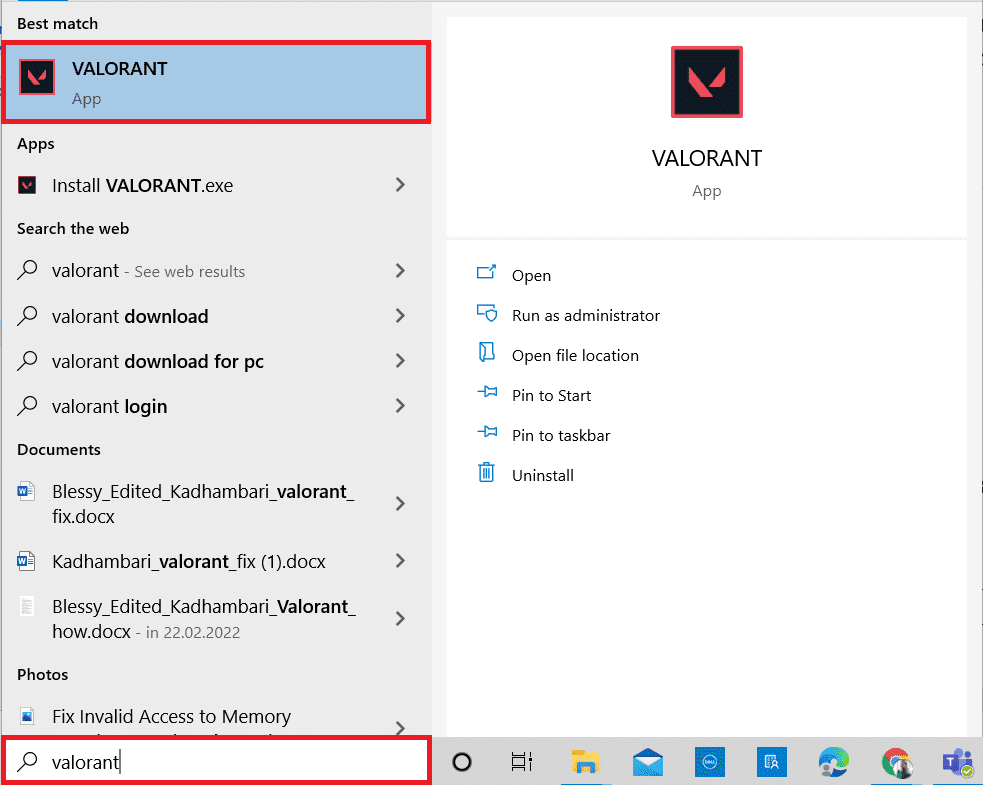 Naciśnij klawisz Windows.  Wpisz Valorant i otwórz go