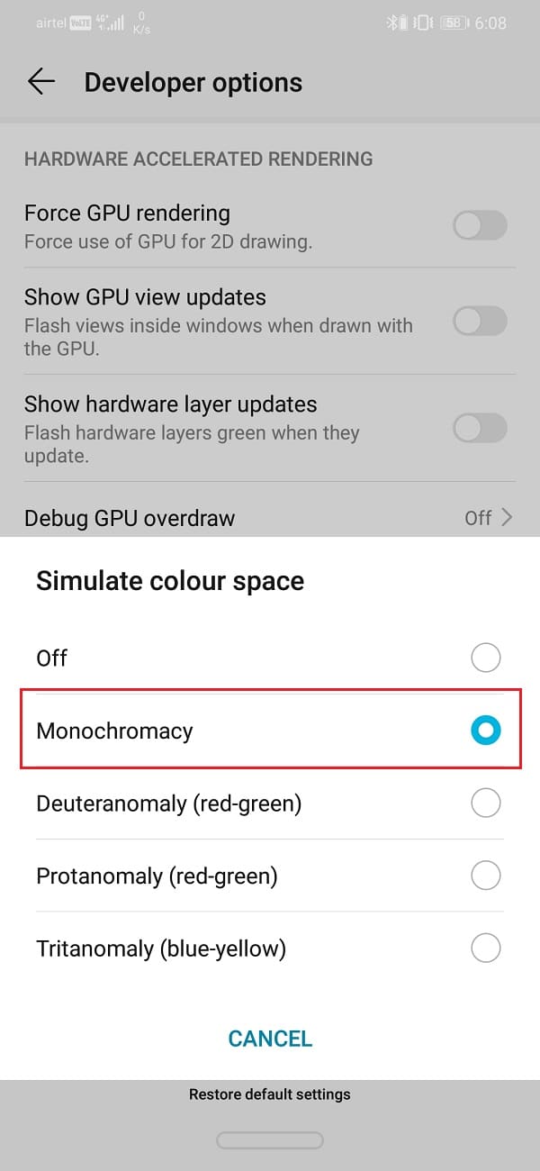 Из вариантов выберите Monochromacy |  Включить режим оттенков серого на Android