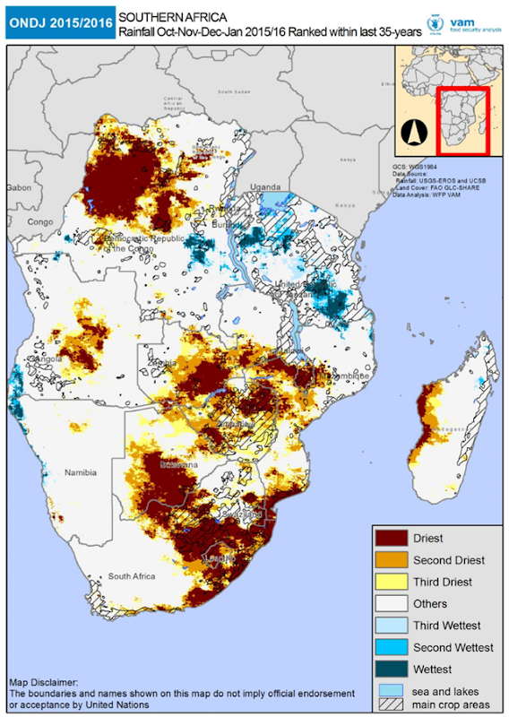 Southern Africa Oct-Jan Rainfall, ranked within 1981-2016. Source: VAM, WFP-HQ, based on CHIRPS rainfall estimates. Graphic: WFP