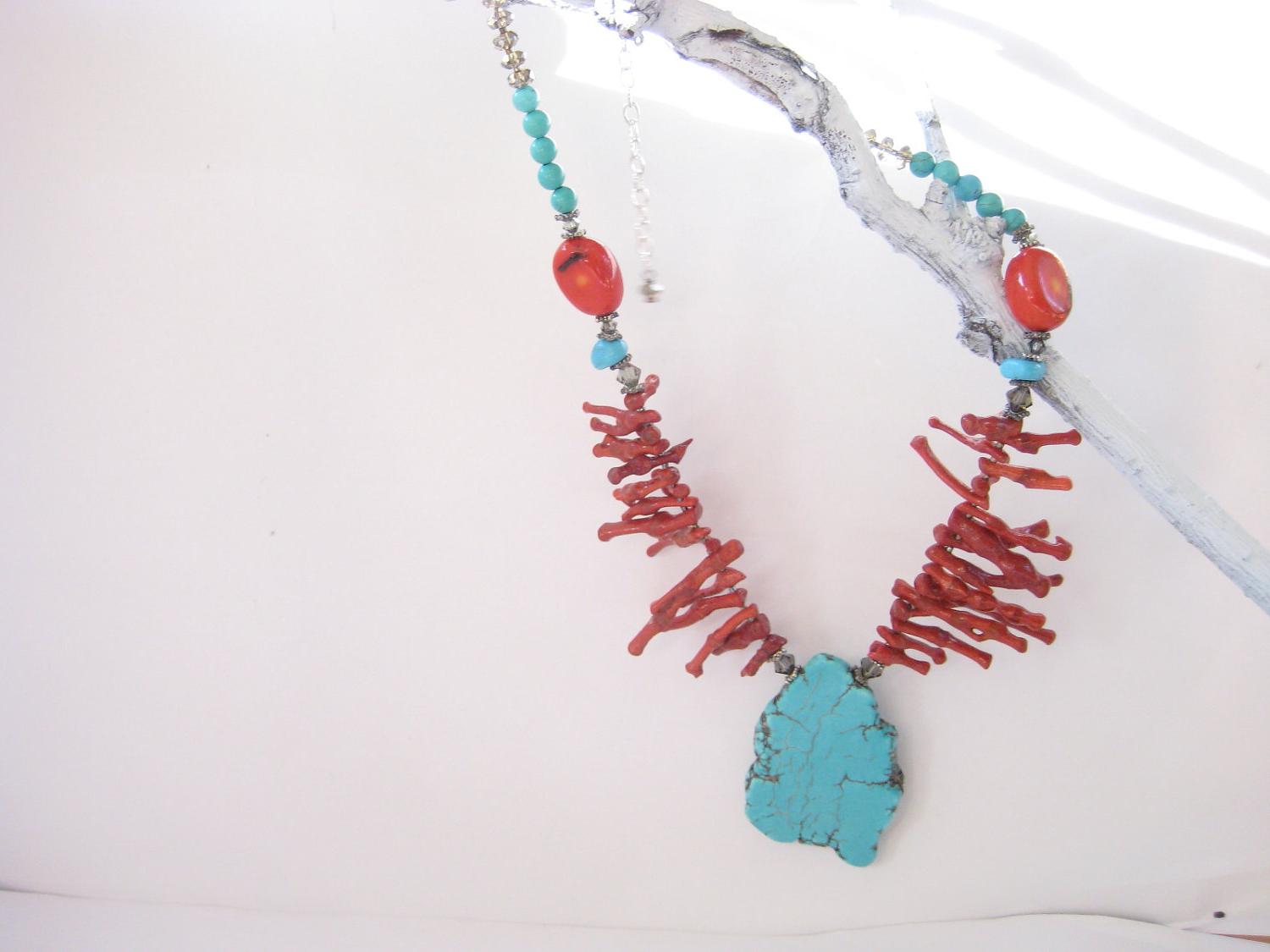 Red Coral and Turquoise Statement Necklace, Tribal, Big, Chanky,