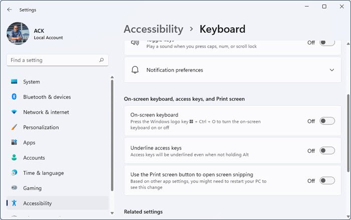 configuración del teclado en pantalla windows 11