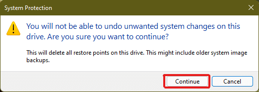 W celu potwierdzenia pojawi się wyskakujące okienko Ochrona systemu, kliknij Kontynuuj |  Jak wyczyścić pamięć podręczną w Windows 11?