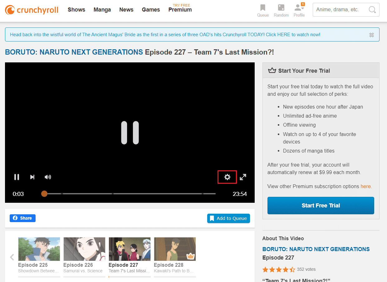 haga clic en el ícono de ajustes para abrir Configuración en el video en la página web de Crunchyroll.  Cómo arreglar Crunchyroll que no funciona