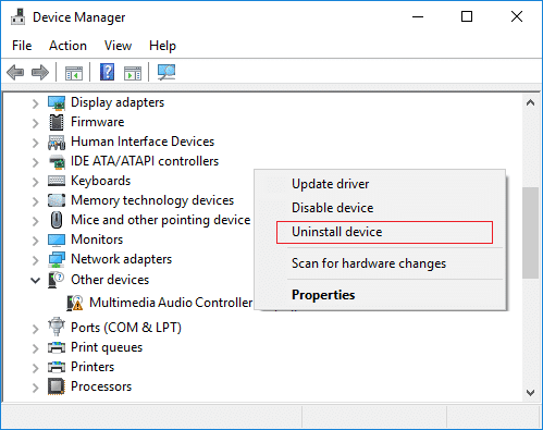 Klepněte pravým tlačítkem myši na Multimedia Audio Controller a vyberte Uninstall