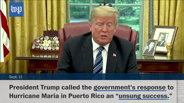 Trump claims the government response to Hurricane Maria in Puerto an "unsung success", 11 September 2018. Photo: The Washington Post