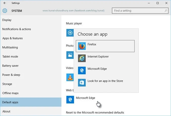 Windows 10 - Settings Page - Default apps - Choose browser (www.kunal-chowdhury.com)