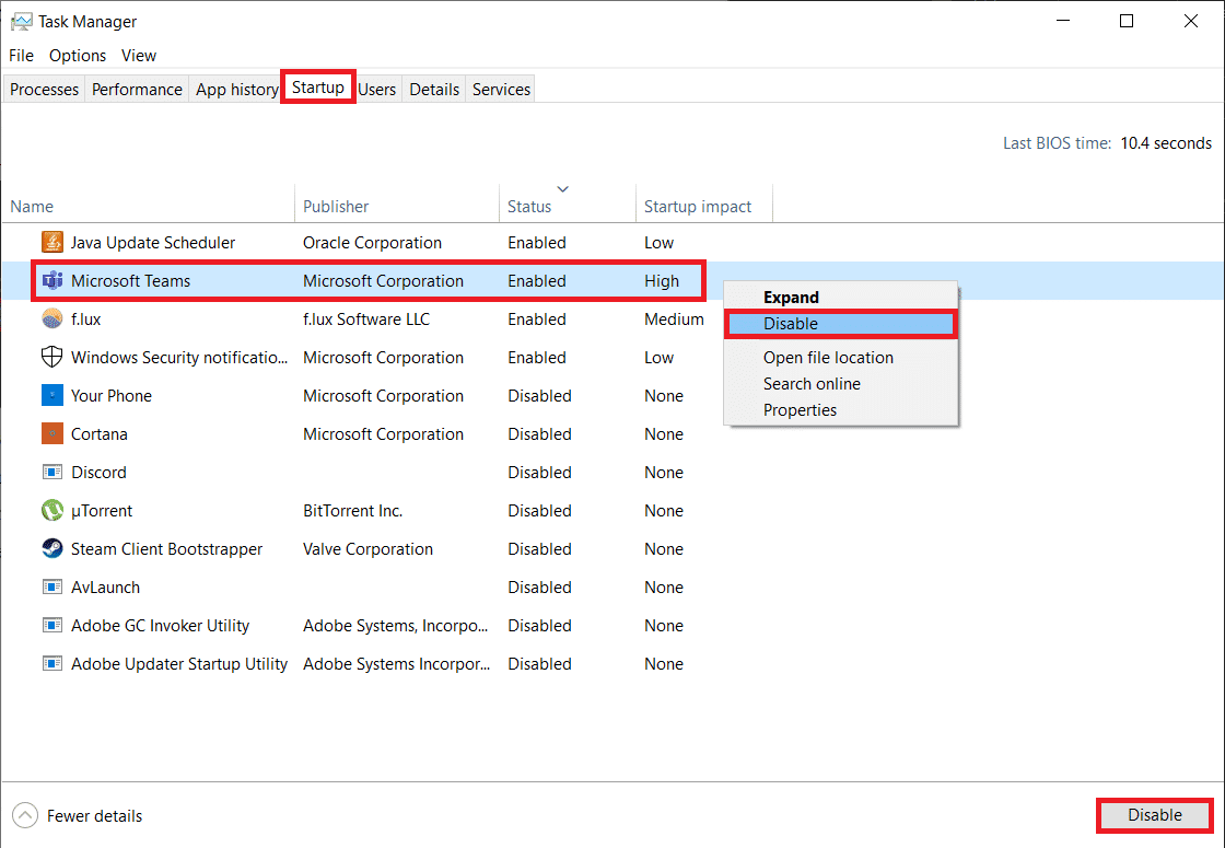 Microsoft Teams를 마우스 오른쪽 버튼으로 클릭하고 사용 안 함을 선택합니다.