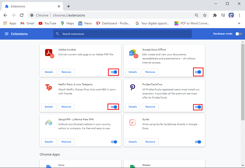 disattivare l'interruttore accanto a ciascuna estensione per disabilitarla |  Risolvi il problema relativo all'assenza di suoni in Google Chrome