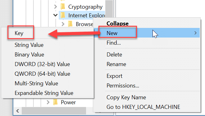 Internet Explorer를 마우스 오른쪽 버튼으로 클릭하고 새로 만들기를 선택한 다음 키를 선택합니다.