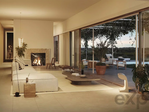 Modern living room with fireplace and terrace - Prestige house for sale in Montemor-o-Novo, 6 rooms, 5 bedrooms