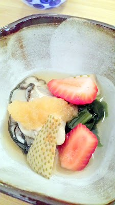 Yurukyara Grand Prix at Nodoguro, a Japanese mascot themed dinner Course 3 Oyster with crushed daikon and strawberry