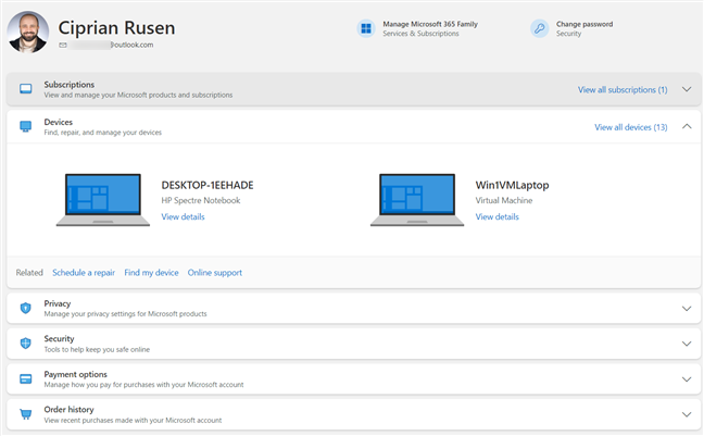 Het dashboard op account.microsoft.com