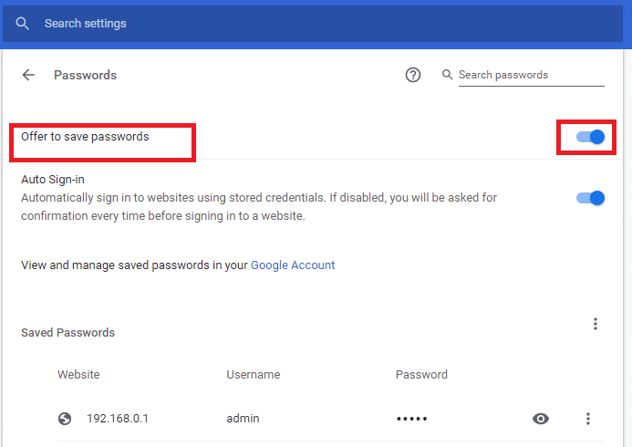 zorg ervoor dat de optie met het label Aanbieding om wachtwoorden op te slaan is ingeschakeld.