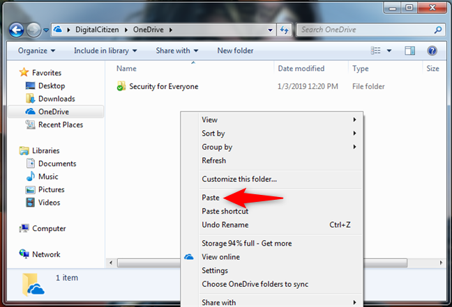 คัดลอกและวางไฟล์หรือโฟลเดอร์ใน OneDrive สำหรับ Windows 7