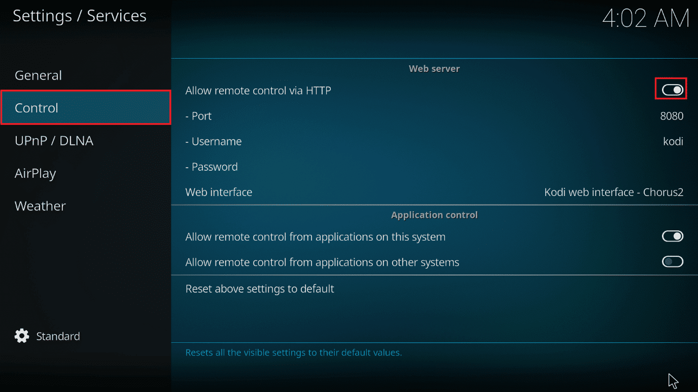 ไปที่การควบคุมและเปิดการตั้งค่าสำหรับ Allow for HTTP remote control