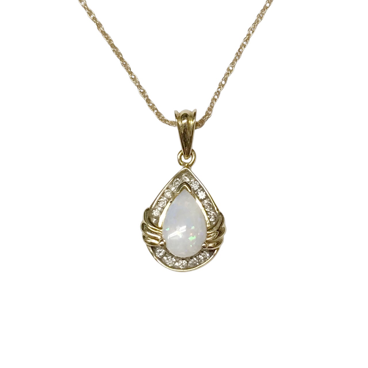14K Gold Opal & Diamond Pendant Necklace