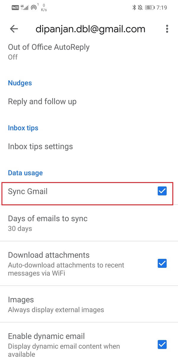 เลือกช่องทำเครื่องหมายข้าง Sync Gmail แล้ว