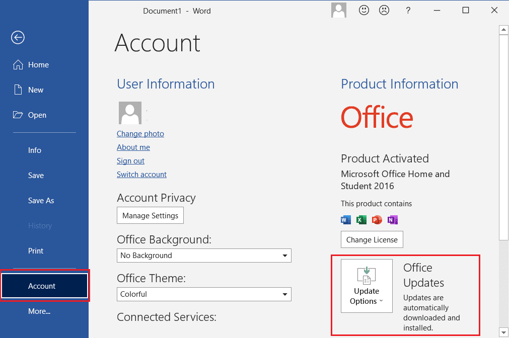 Bestand ga dan naar Accounts en klik vervolgens op Update-opties in Microsoft Word