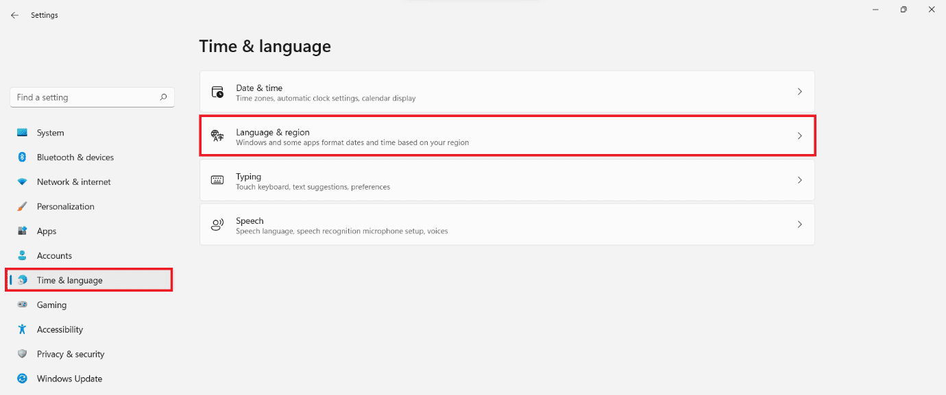 Sección Hora e idioma en la aplicación Configuración.  Cómo reparar el error de instalación de actualizaciones fallidas 0x800f0988 en Windows 11