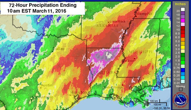 Observed 72-hour precipitation for the period ending at 10 am EST Friday, 11 March 2016. Portions of northern Louisiana received over 20 inches of rain, and a large area of 8+ inches fell over portions of Eastern Texas, Northern Louisiana, Southeast Arkansas, and Northwest Mississippi. Graphic: NOAA / NWS