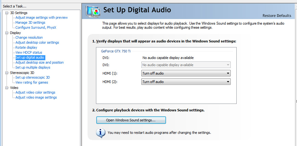 GTX 750Ti no audio through displayport to HDMI cable ...