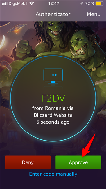 Approvazione di un accesso dall'app Blizzard Authenticator