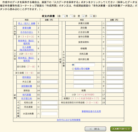 収支内訳書入力画面