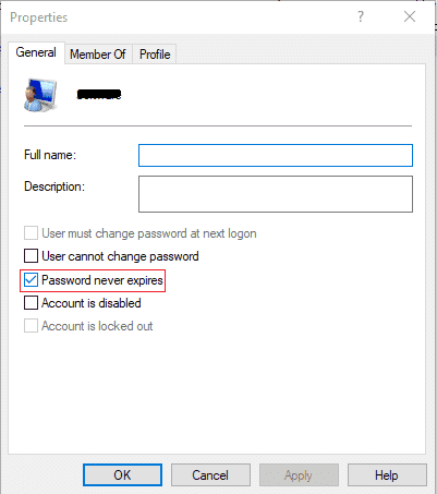 Case à cocher Le mot de passe n'expire jamais |  Activer ou désactiver l'expiration du mot de passe dans Windows 10