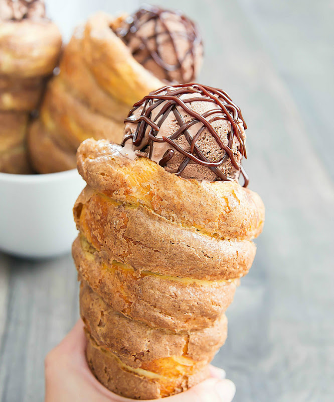 photo of a Doughnut Ice Cream Cone with chocolate ice cream