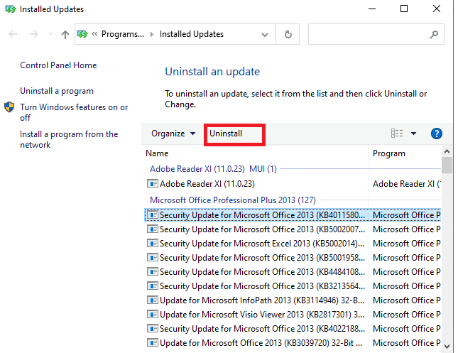 ตอนนี้ในหน้าต่าง Installed Updates ให้คลิกที่การอัปเดตล่าสุดแล้วเลือกตัวเลือกถอนการติดตั้ง