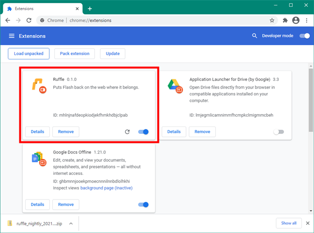 La extensión Ruffle Flash Chrome está instalada y habilitada