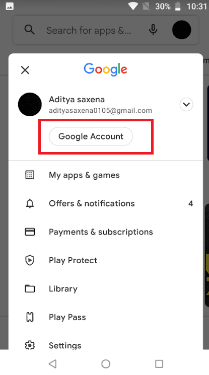 seleziona Account Google dal pannello dei menu che appare