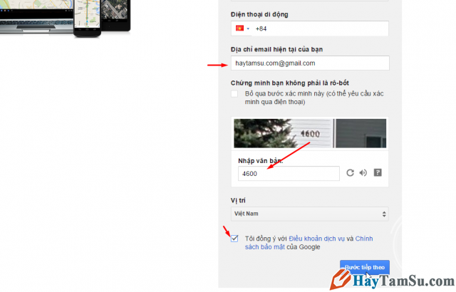 điền thông tin tạo email gmail và sang bước tiếp theo