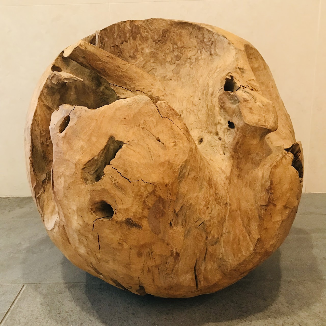 Hand-Carved Natural Wood Sphere Sculpture