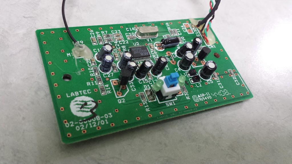 The internal circuit board of a Logitech microphone